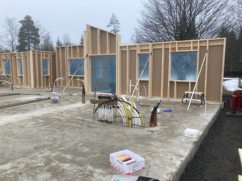 Trästomme reser sig på betongplattan i Hjortsjö, vinter